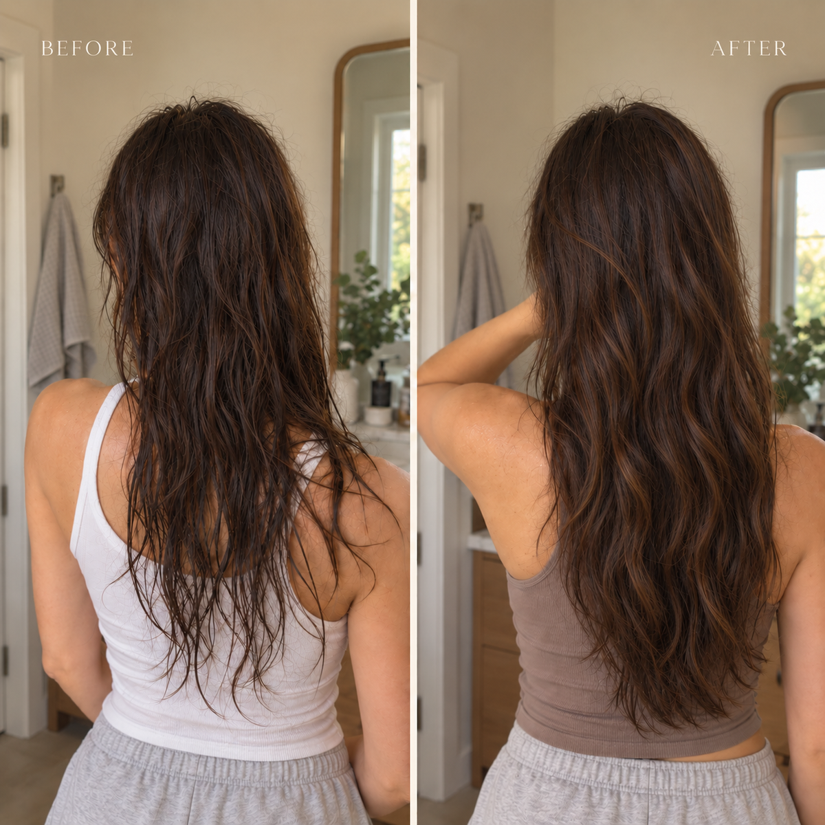 Back view hair comparison after hot Pilates